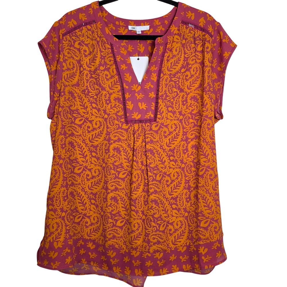 NWT DR2 XL Paisley Boho Blouse V Neck Cap Sleeve‎